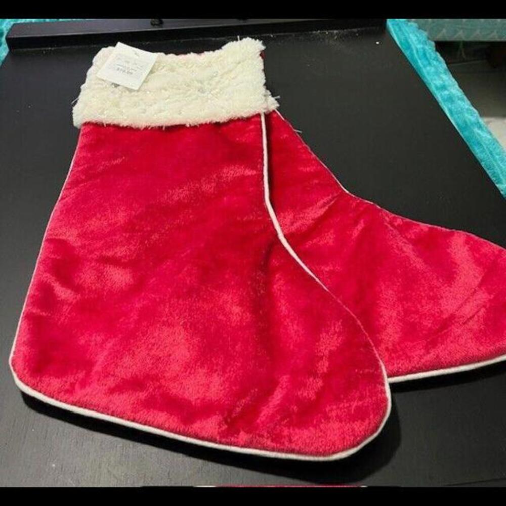 New Tahari Home Faux Fur Red Velvet Beaded Christmas  Stocking 22" Set of 2